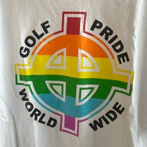 Golf white t shirt with Golf Pride rainbow design